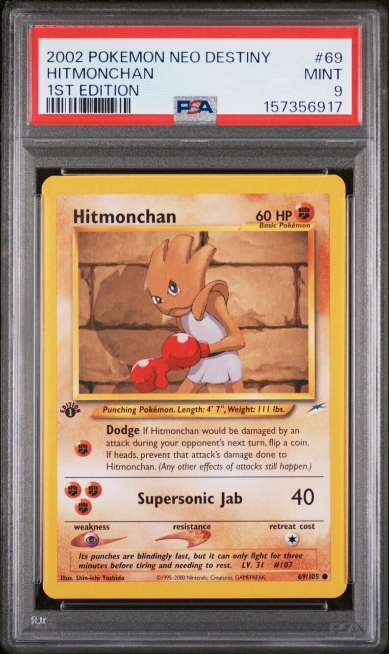 PSA 9 NM-MT Hitmonchan 1st Edition 69/105 Pokémon 2002 Neo Destiny Graded Card